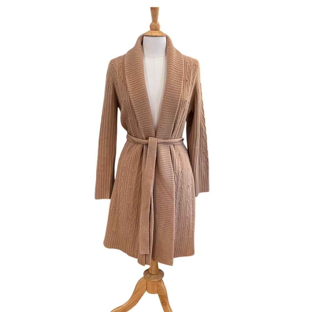 Ann Taylor LOFT Camel Wool, Rabbit Hair Blend Long Open Cardigan Coat, Size L